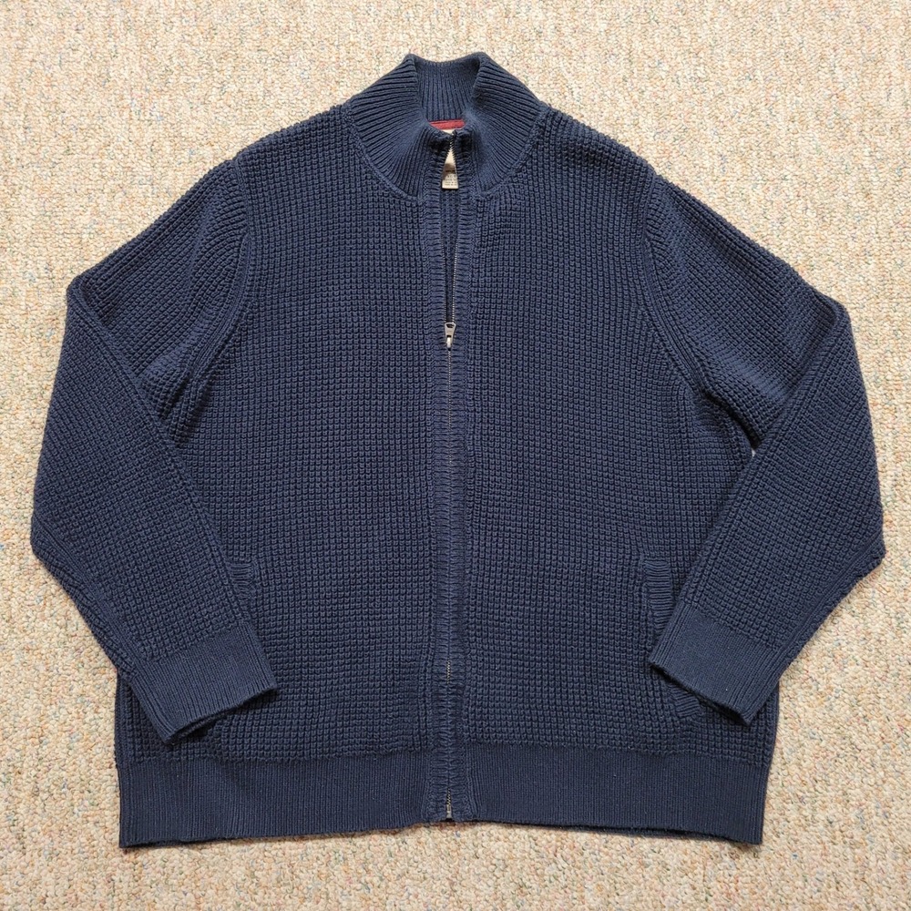 LL Bean Sweater Mens 2XL Blue Organic Cotton Waffle Knit Full Zip Outdoors